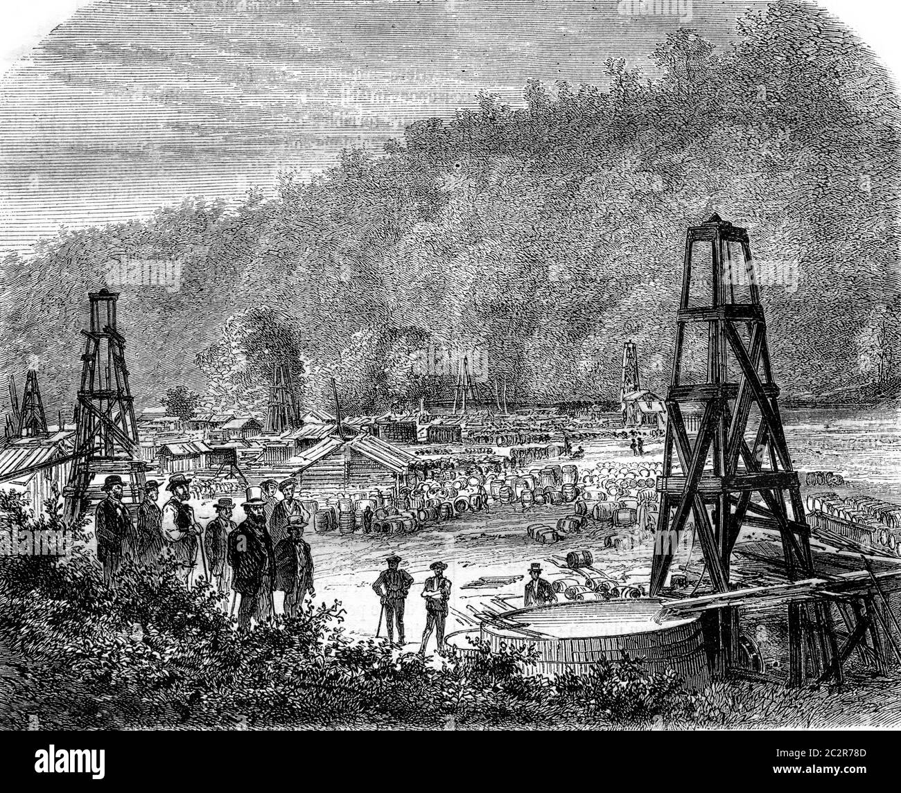 Extraction de pétrole, Woodford Wells et Philip, Pennsylvanie, illustration gravée d'époque. Magasin Pittoresque 1870. Banque D'Images