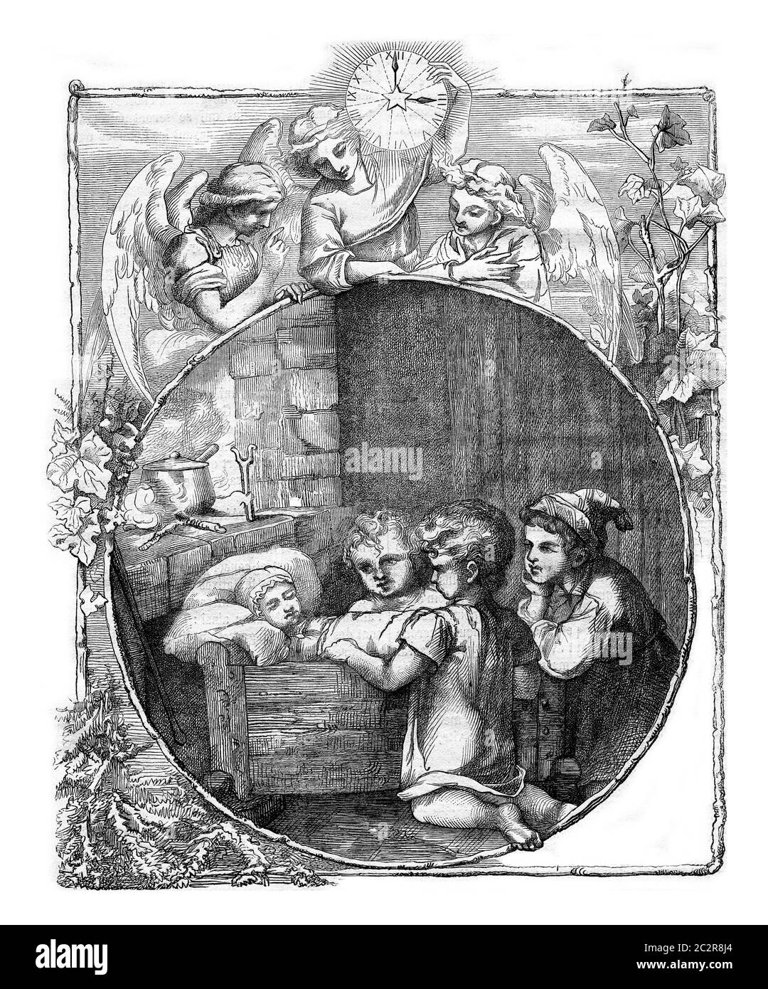 Autour du berceau, composition dessin et Miss Marie-Edmee Pau, ancienne illustration gravée. Magasin Pittoresque 1873. Banque D'Images