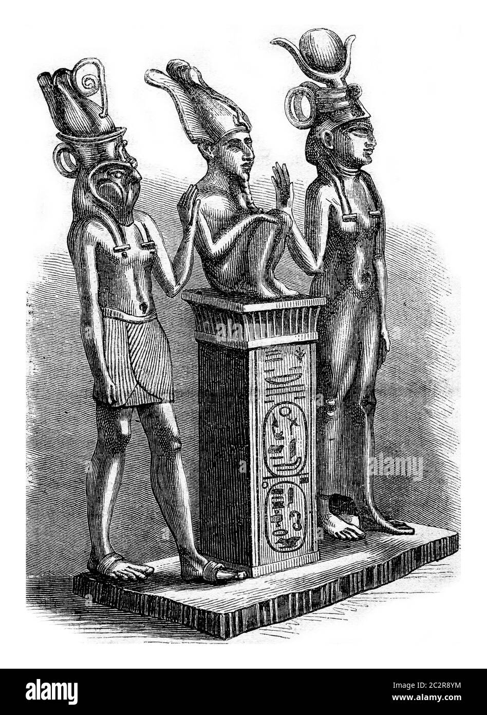 Musée du Louvre, Isis, Osiris et Horus, illustration gravée d'époque. Magasin Pittoresque 1873. Banque D'Images