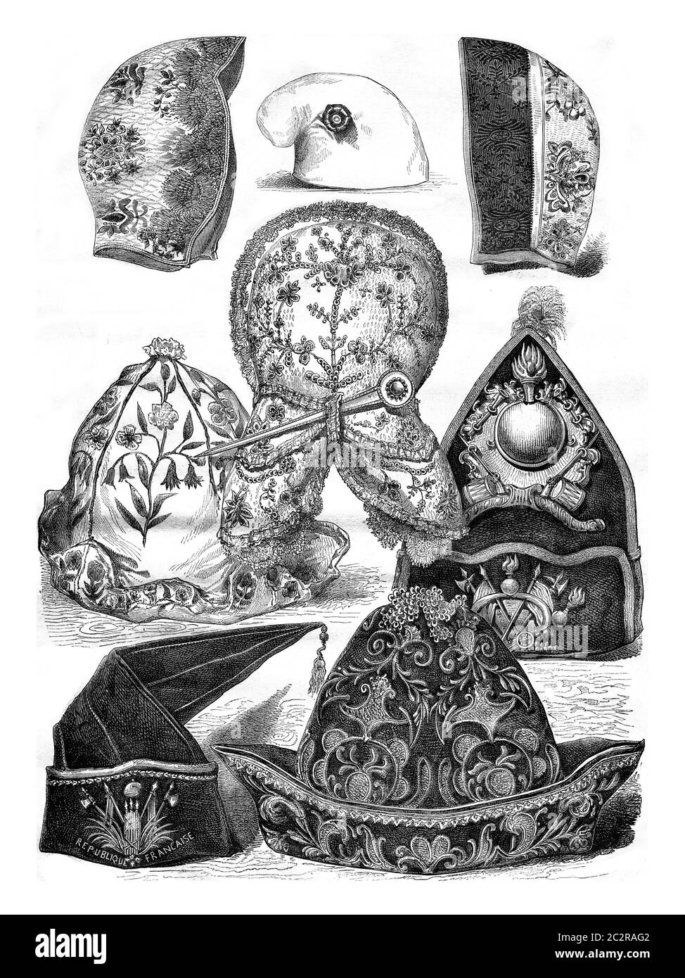 Exposition historique de costume 1874, bonnets et chapeaux, illustration gravée d'époque. Magasin Pittoresque 1876. Banque D'Images