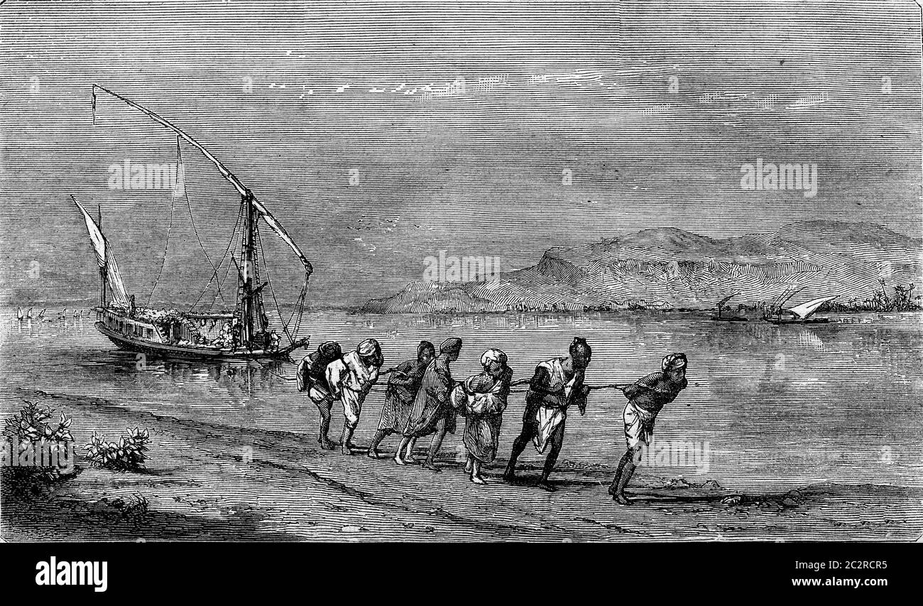 Une journée tranquille sur le Nil, peinture de Frederick Bridgman, illustration gravée d'époque. Magasin Pittoresque 1877. Banque D'Images