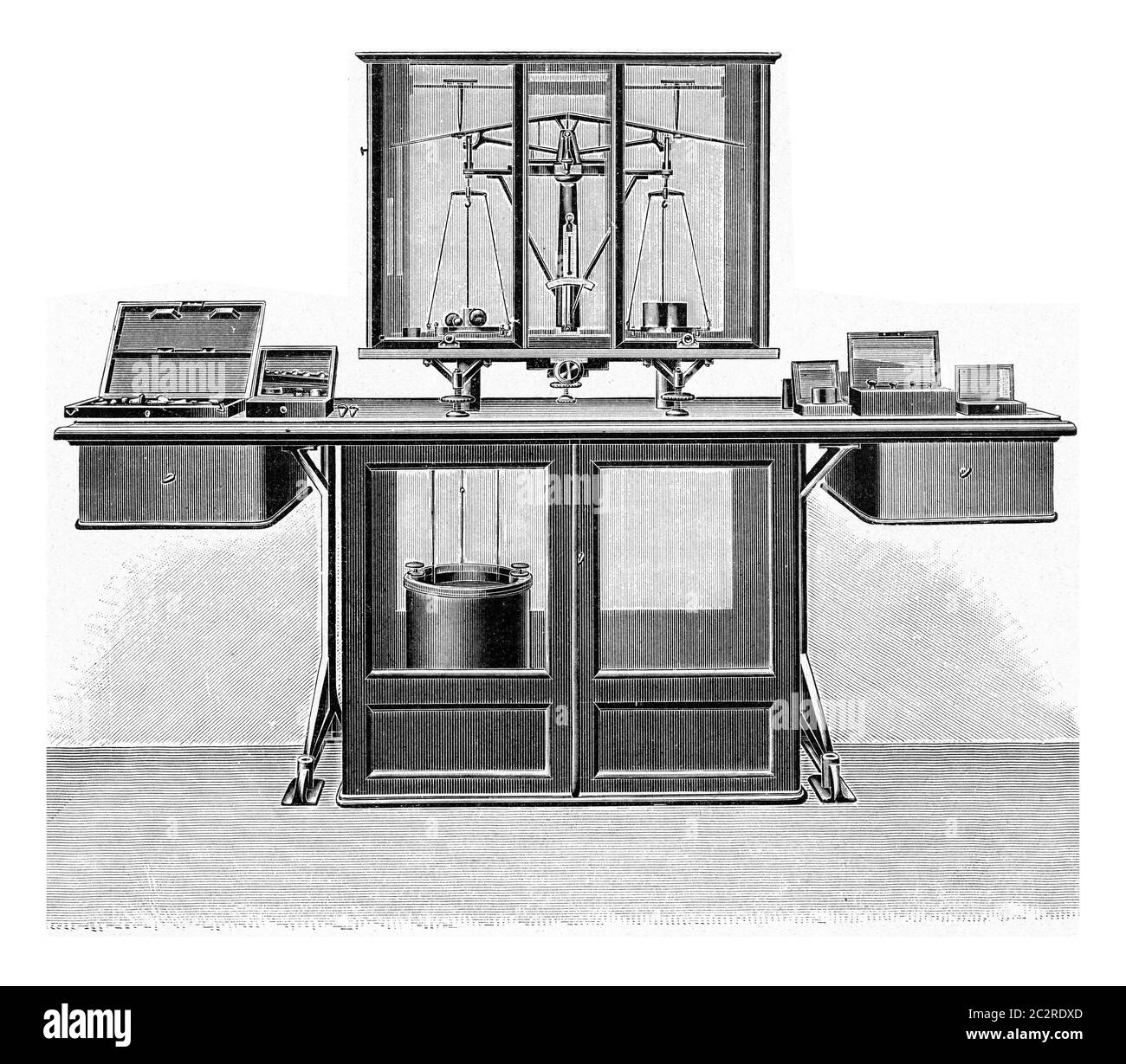 Équilibre moderne de précision, illustration gravée vintage. De l'Univers et de l'humanité, 1910. Banque D'Images