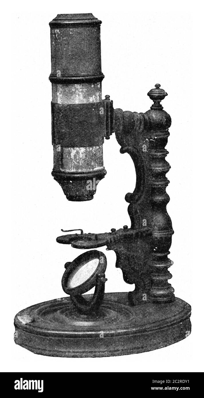 Anciens microscopes du Musée national germanique de Nuremberg, illustration gravée d'époque. De l'Univers et de l'humanité, 1910. Banque D'Images