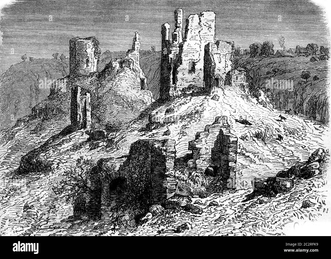 Ruines de la forteresse de Crozant, illustration gravée d'époque. Magasin Pittoresque 1880. Banque D'Images