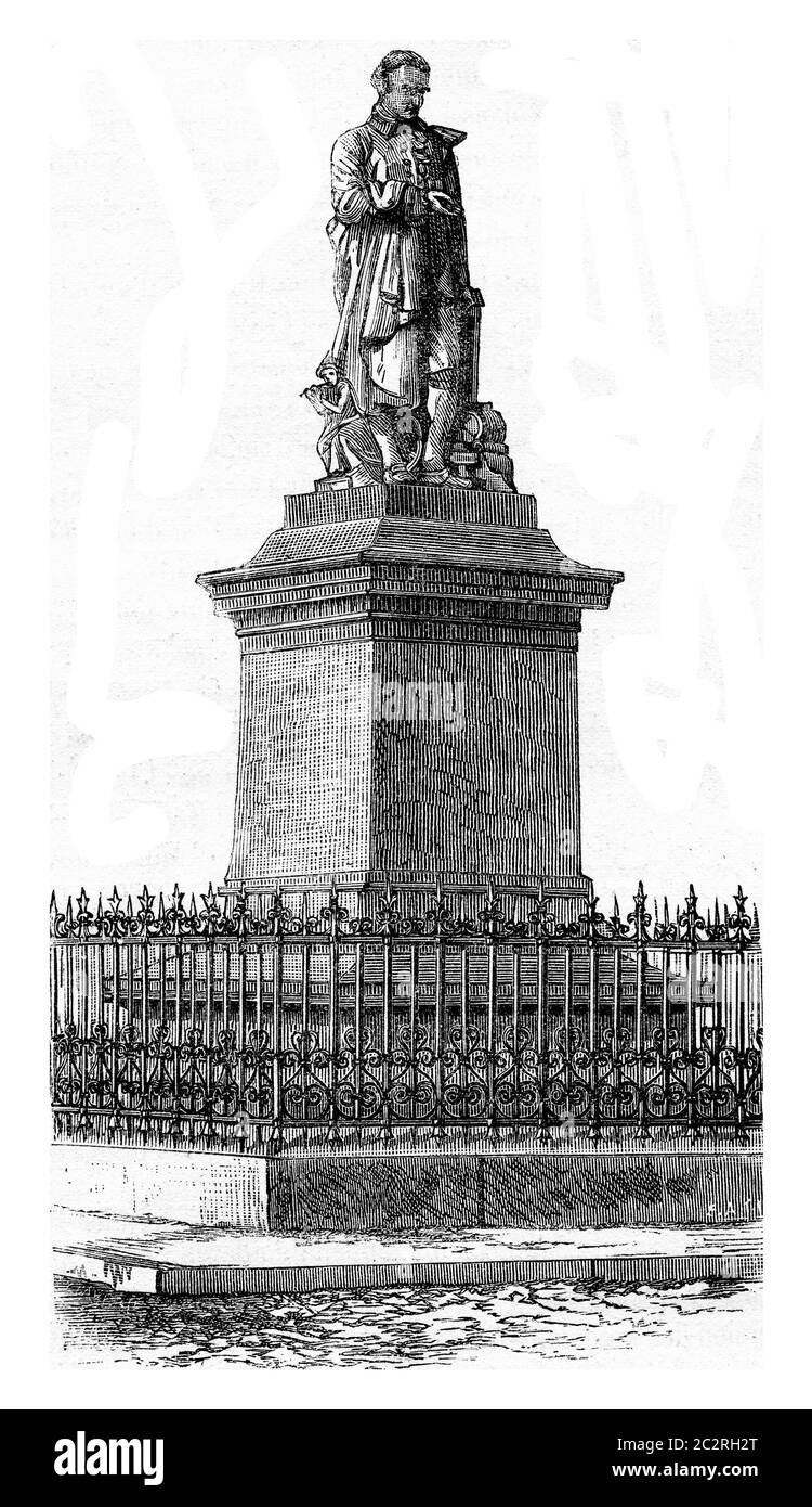Statue de Vaucanson à Grenoble, illustration gravée d'époque. Magasin Pittoresque (1882). Banque D'Images