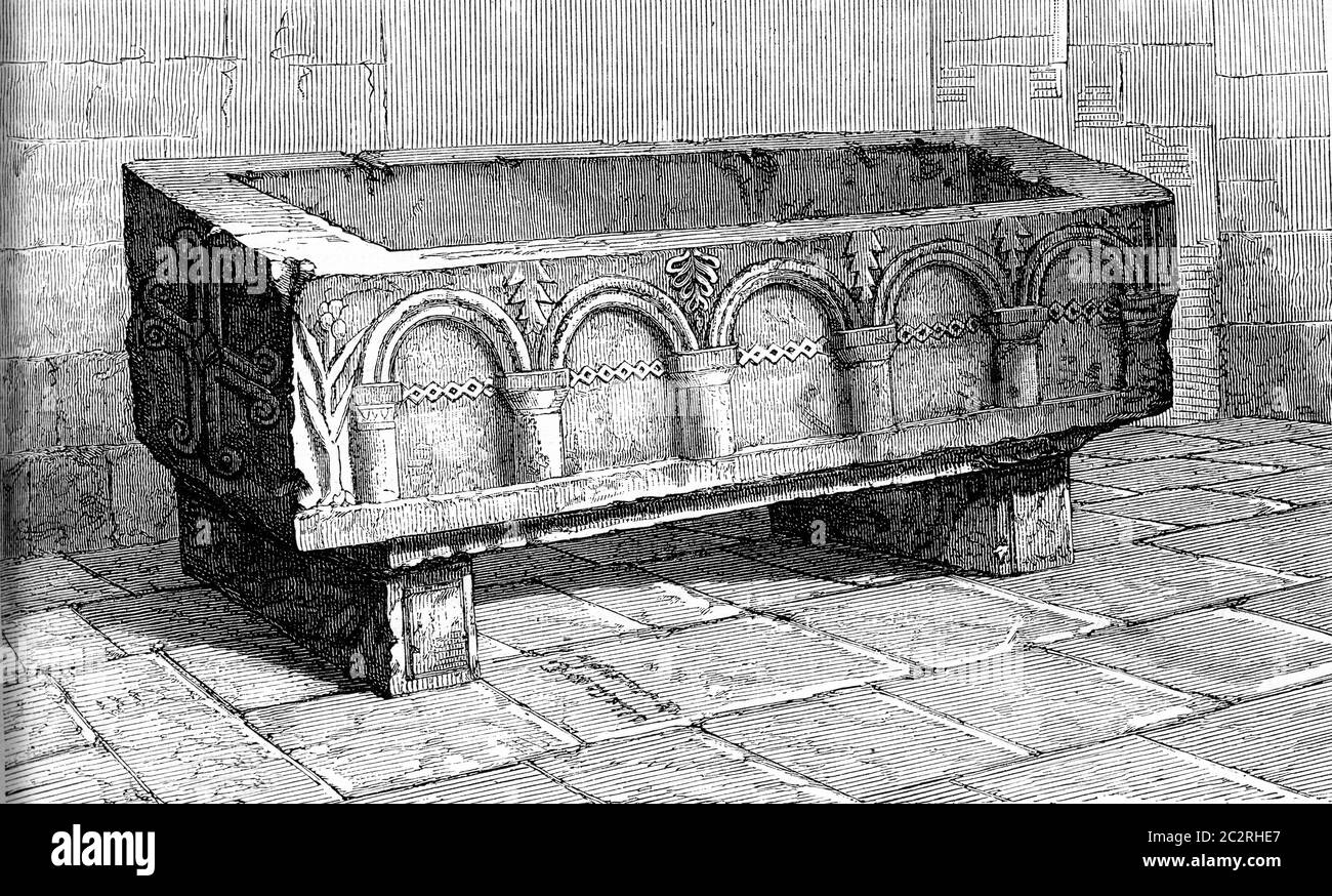 Ancienne tombe servant de police d'eau Sainte, un Saint-Pol de Leon, illustration gravée d'époque. Magasin Pittoresque (1882). Banque D'Images Ancienne tombe servant de police d'eau Sainte, un Saint-Pol de Leon, illustration gravée d'époque. Magasin Pittoresque (1882). Banque D'Images