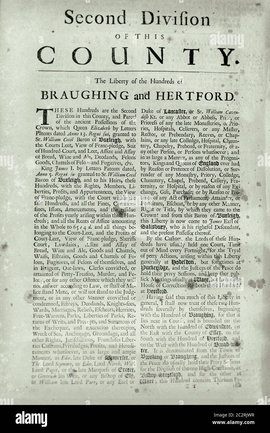 Pages du livre sur Hertfordshire 1700 Banque D'Images