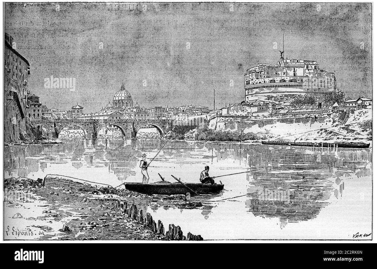 Ancienne illustration gravée d'une belle vue de l'ancien Adrian Mole, aujourd'hui connu comme le château Saint-Ange à Rome depuis le Tibre. Dictionnaire de Banque D'Images