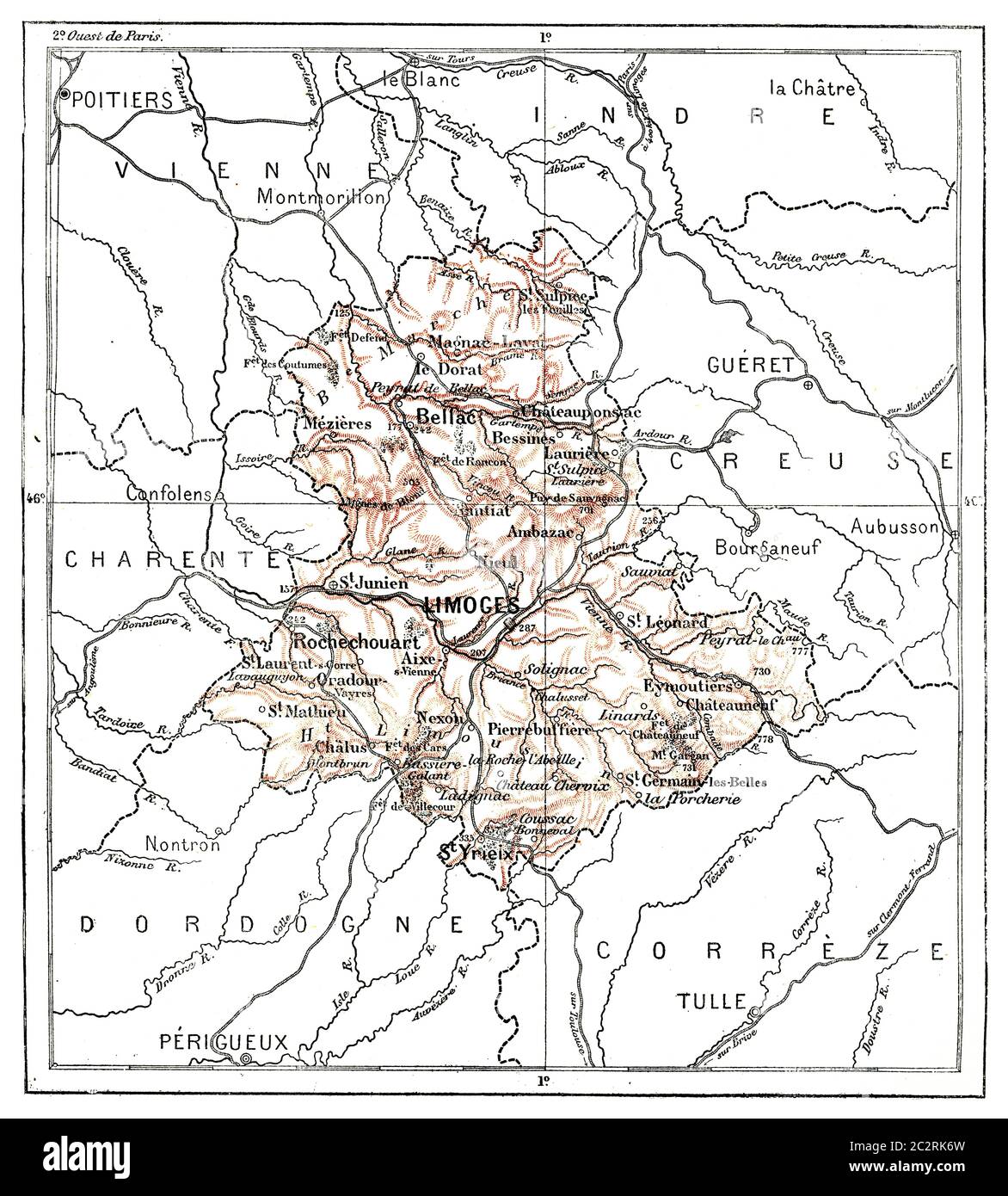 Carte du département de haute-Vienne, illustration gravée d'époque. Dictionnaire des mots et des choses - Larive et Fleury - 1895. Banque D'Images