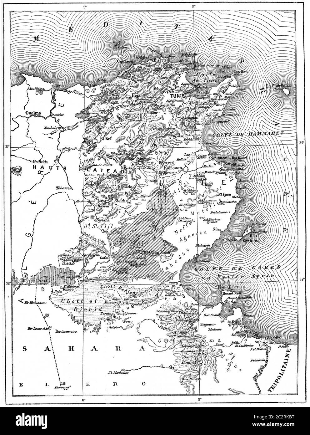 Carte de Tunisie, illustration gravée d'époque. Dictionnaire des mots et des choses - Larive et Fleury - 1895 Banque D'Images