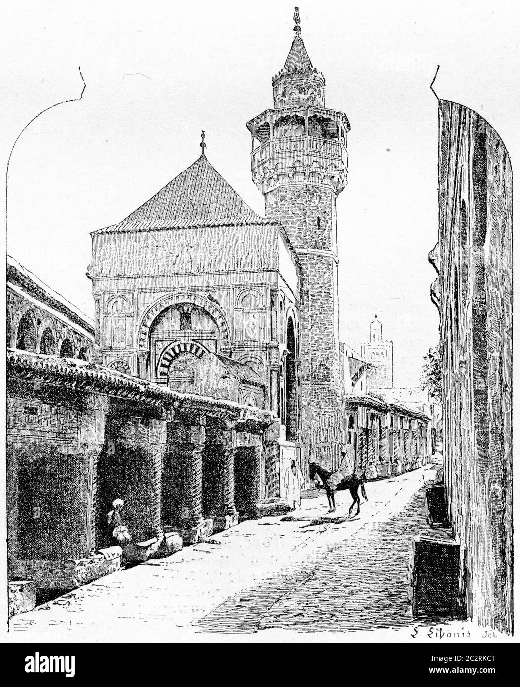 Ville de Tunis en Tunisie, montrant la mosquée Al-Zaytuna, illustration gravée d'époque. Dictionnaire des mots et des choses - Larive et Fleury - 1895 Banque D'Images