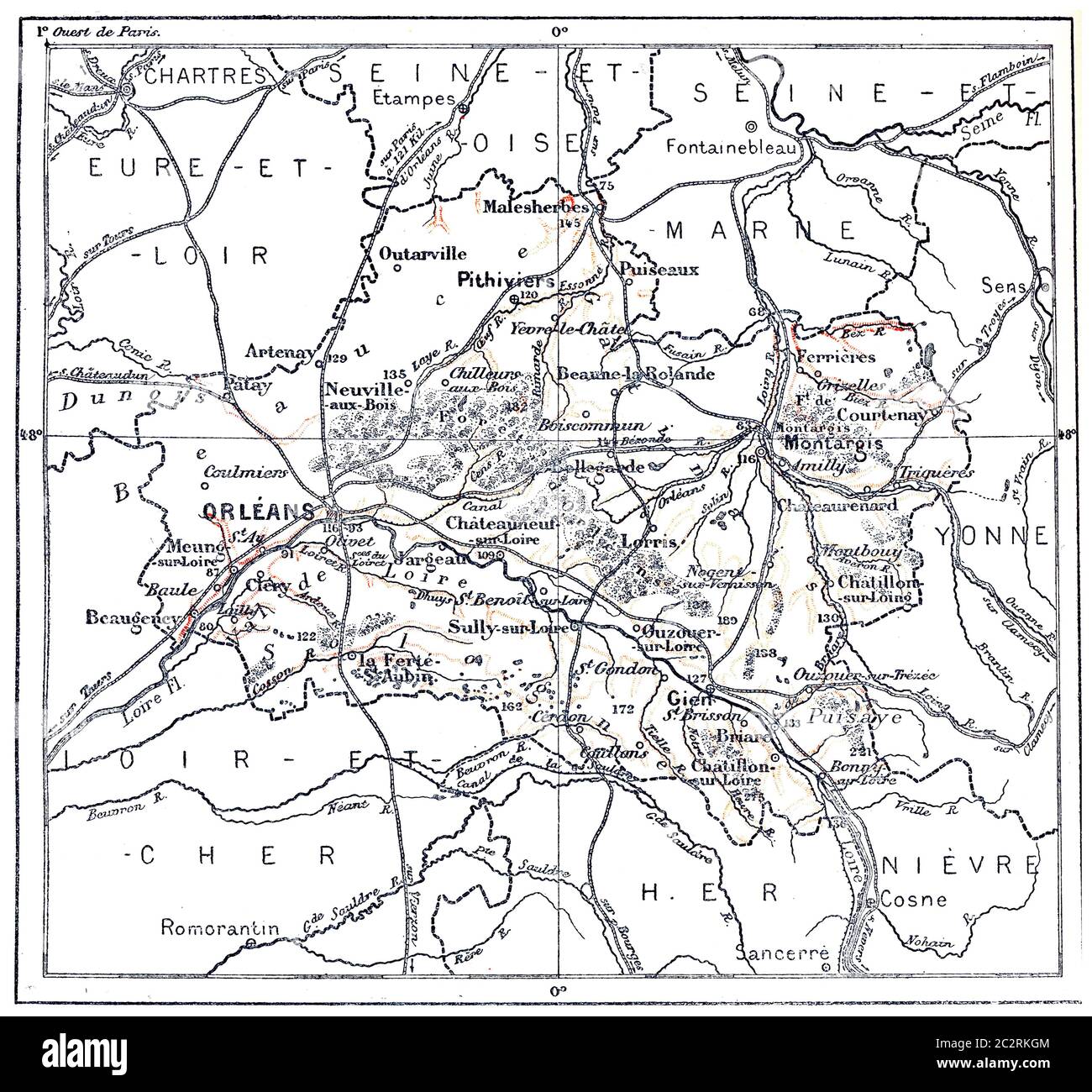 Carte topographique du département de Loiret au Centre, France, illustration gravée d'époque. Dictionnaire des mots et des choses - Larive et Fleury - 1895 Banque D'Images