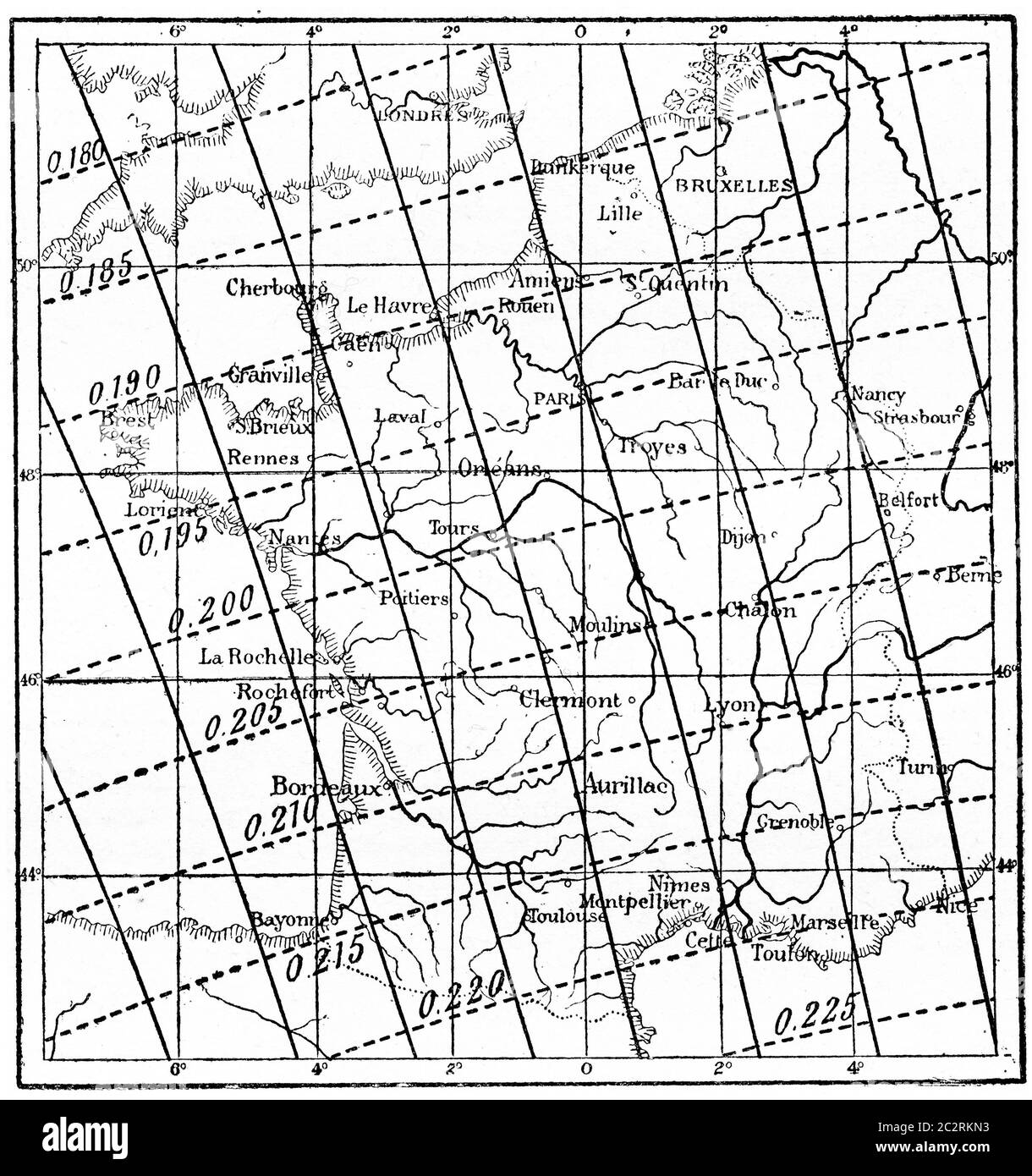 Carte de l'inclinaison du champ magnétique terrestre au-dessus de la France, illustration gravée d'époque. Dictionnaire des mots et des choses - Larive and Fleury - Banque D'Images