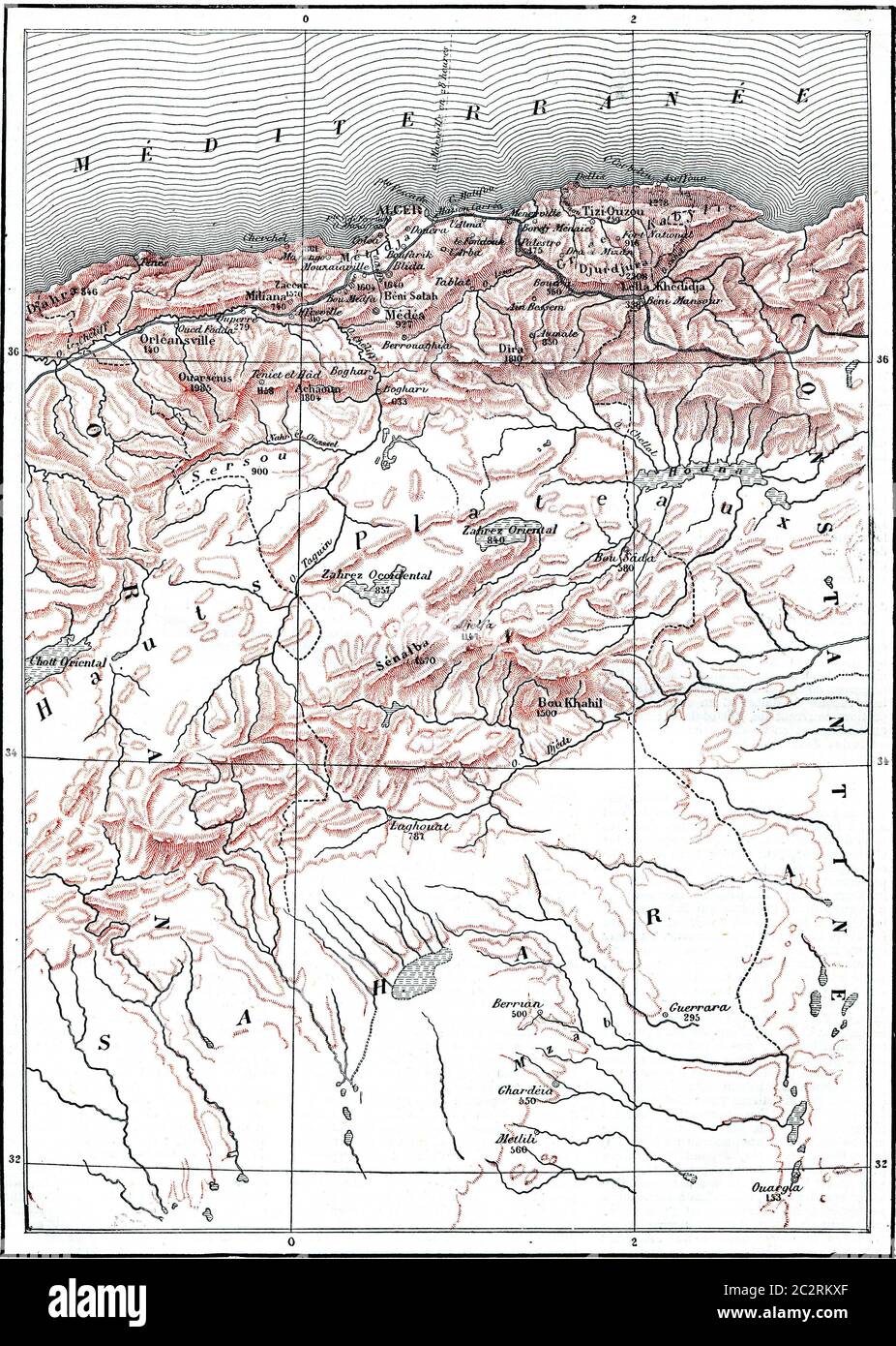 Carte du département d'Alger, illustration gravée d'époque. Dictionnaire des mots et des choses - Larive et Fleury - 1895. Banque D'Images