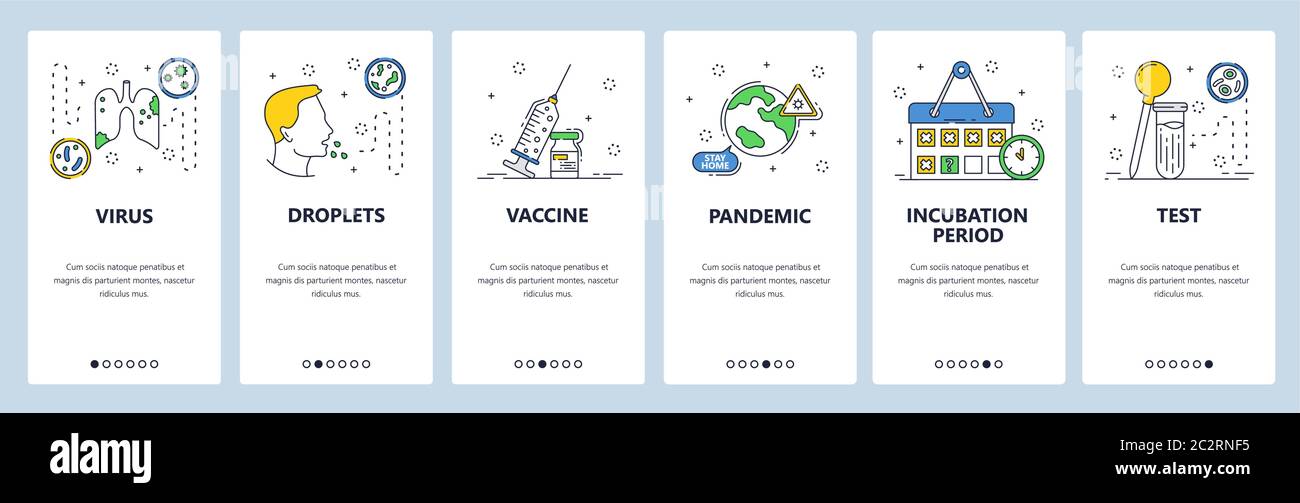 Virus Corona pandémie mondiale, vaccin contre le coronavirus, phéumonia pulmonaire, toux. Écrans d'applications mobiles. Modèle de bannière vectorielle pour le développement de sites Web et de mobiles Illustration de Vecteur