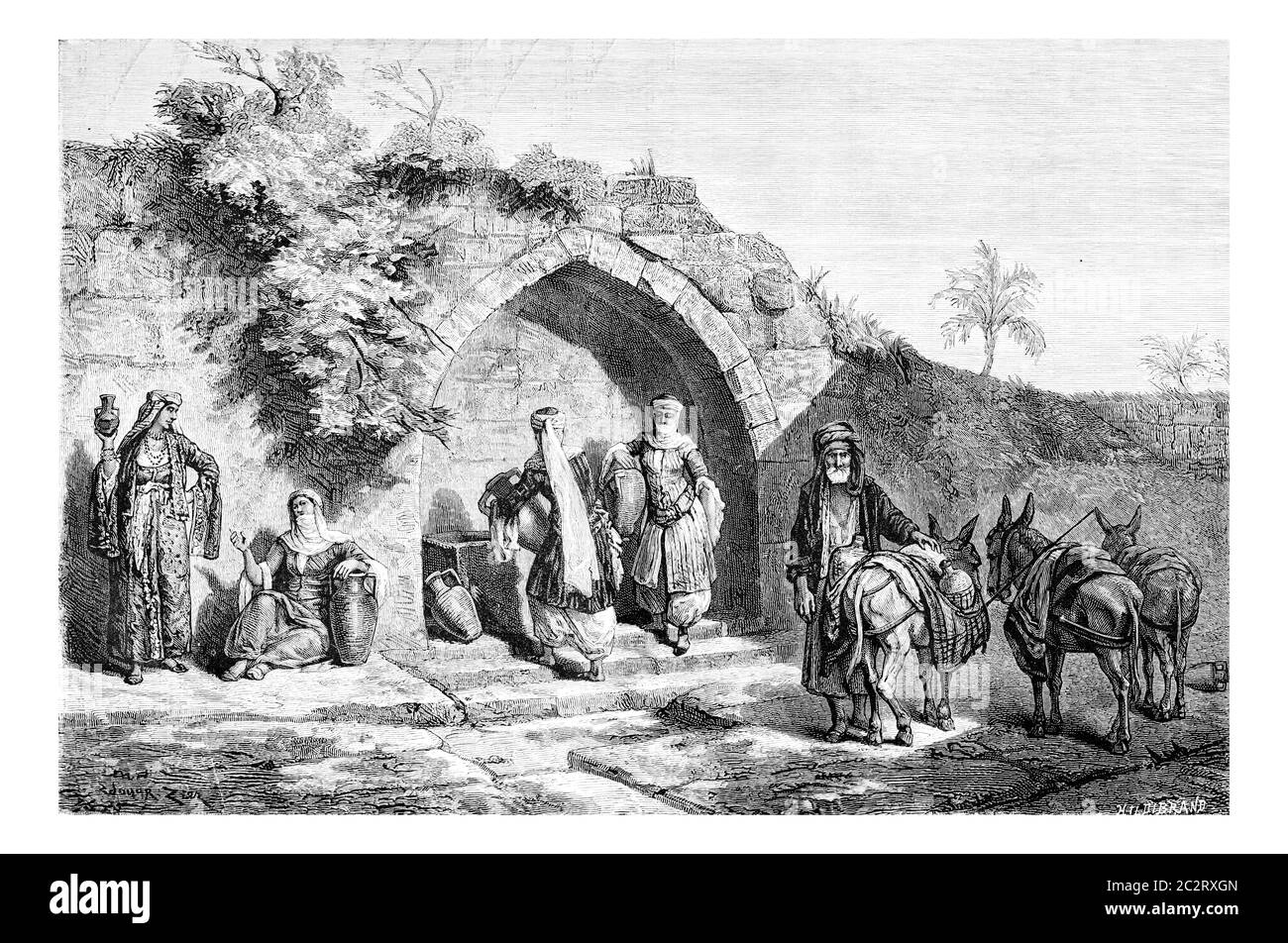 Marie est bien à Nazareth en Israël, illustration gravée d'époque. Le Tour du monde, Journal de voyage, 1881 Banque D'Images