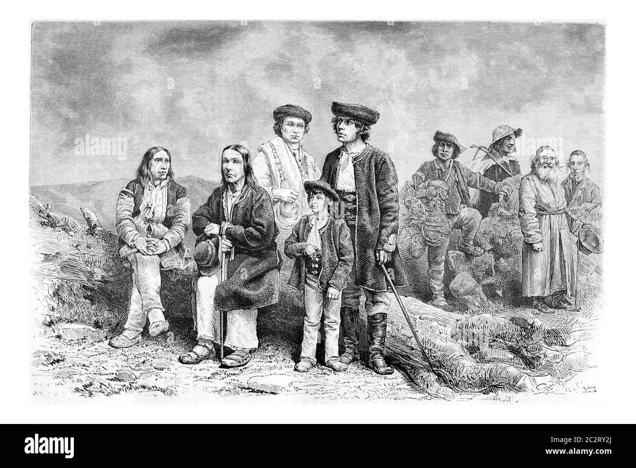 Population diversifiée de Podhales des montagnes Tatra et de parties des Beskids en Pologne et en Slovaquie, dessin de G. Vuillier d'une photo, vinta Banque D'Images