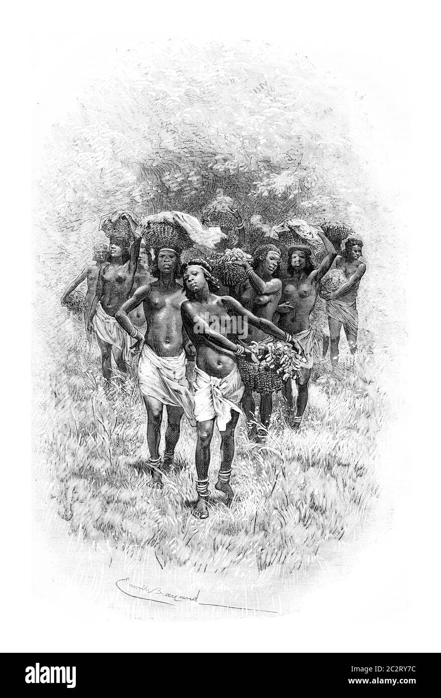Troupe de filles portant des paniers en Angola, Afrique australe, dessin de Bayard basé sur un croquis de Serpa Pinto, illustration gravée d'époque. Le Tour Banque D'Images