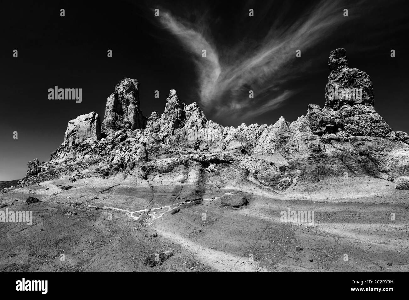 Partie du parc national de Las Canadas, volcan Teide. Tenerife, Iles Canaries, Espagne. Image en noir et blanc. Banque D'Images