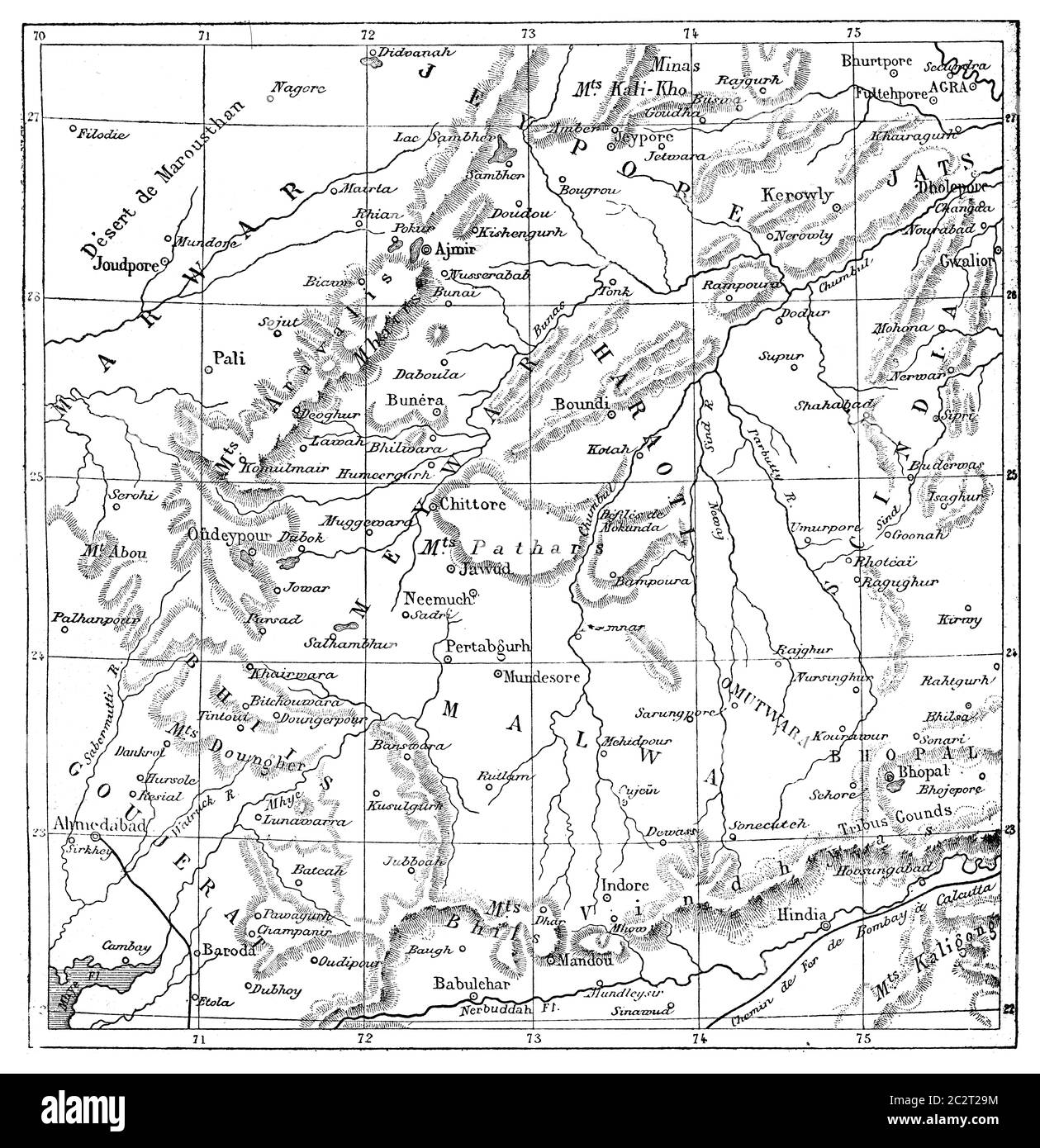 Carte des Etats du Rajputs (Rajasthan occidental), illustration gravée d'époque. Le Tour du monde, Travel Journal, (1872). Banque D'Images