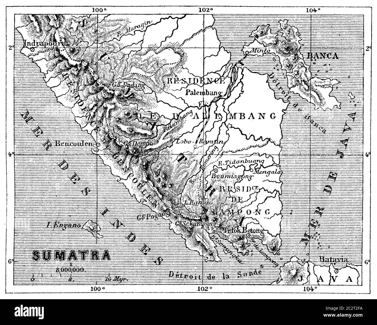 Carte de Sumatra, illustration gravée d'époque. Le Tour du monde, Travel Journal, (1872). Banque D'Images