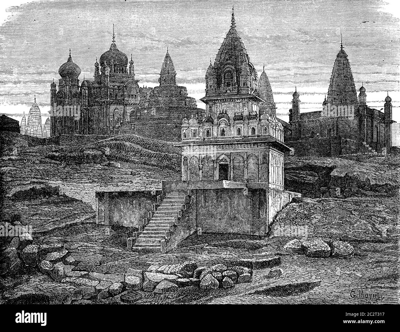 Les temples de Jain ont Sounghur, illustration gravée d'époque. Le Tour du monde, Travel Journal, (1872). Banque D'Images