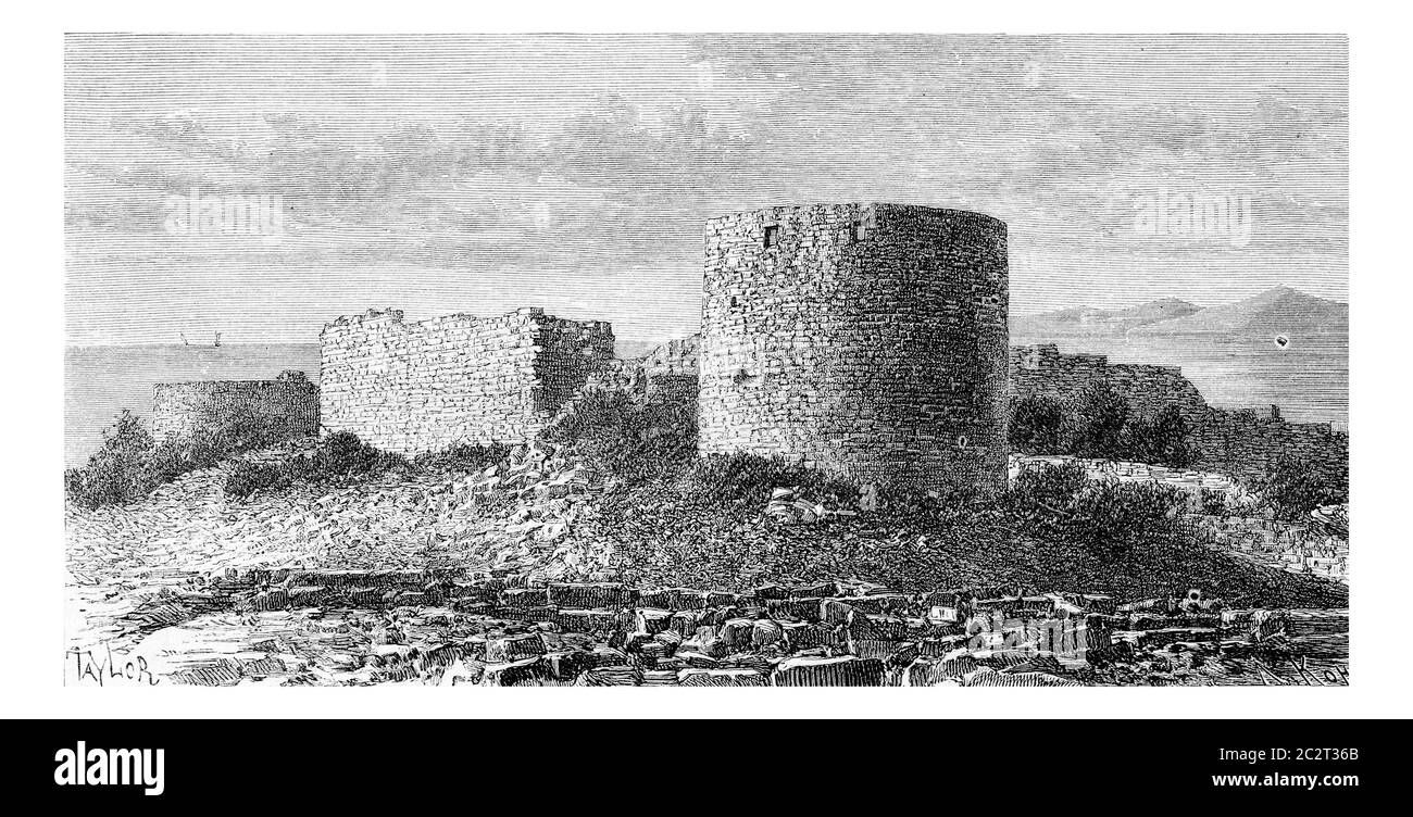Château de la mer de Sidon à Sidon, Liban, illustration gravée d'époque. Le Tour du monde, Journal de voyage, 1881 Banque D'Images