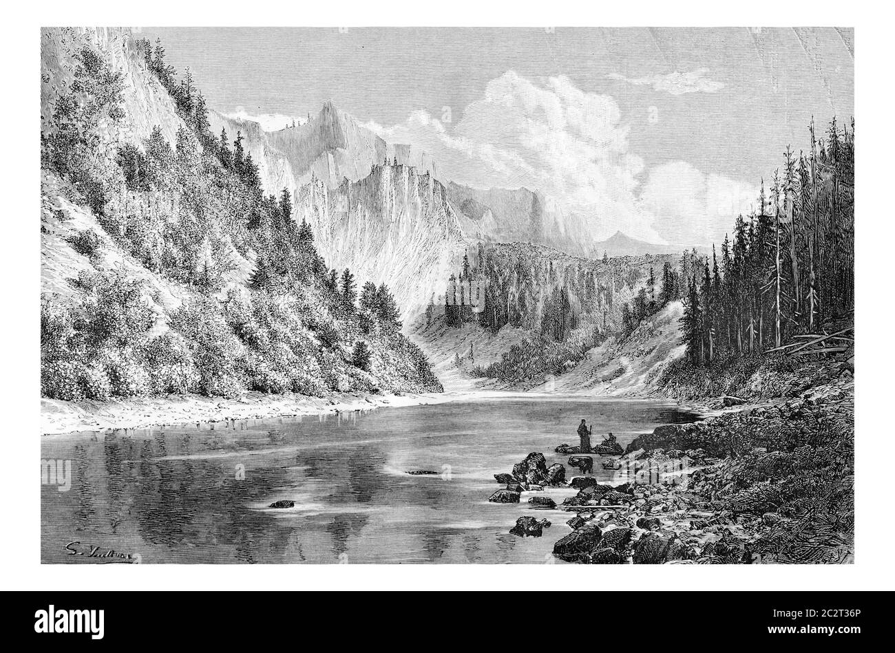 Vallée de Dunajec près de Szczawnica ville dans les montagnes Tatras, Pologne, dessin de G. Vuillier, d'une photographie, illustration gravée d'époque. Le Tour Banque D'Images