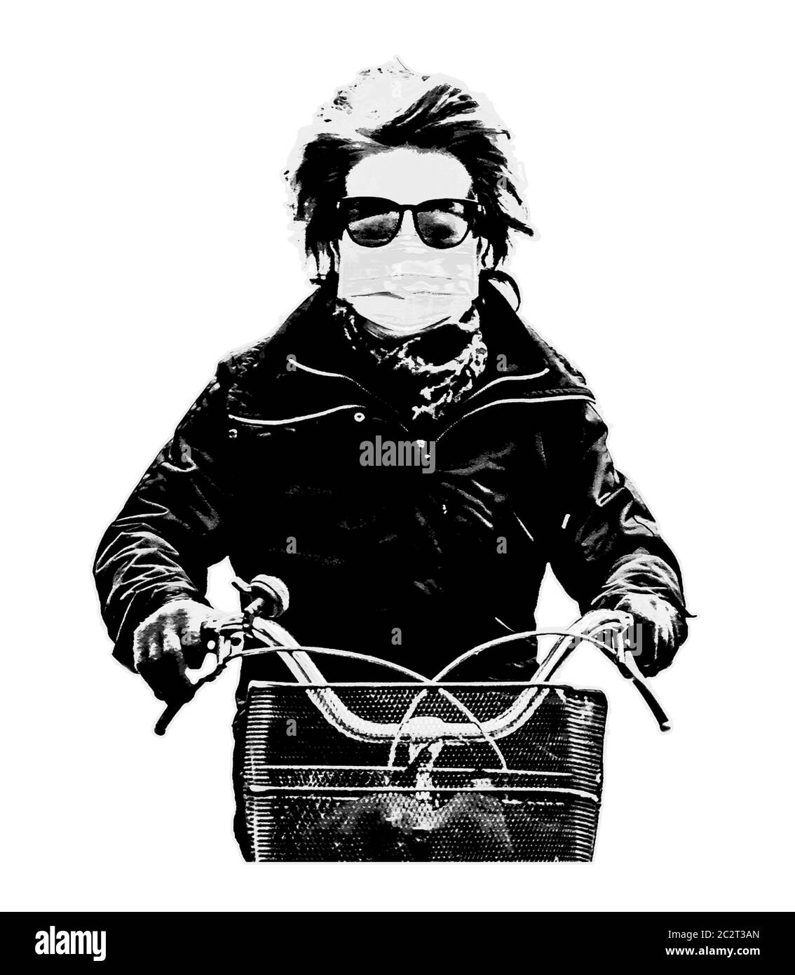 Style stencil Homme avec lunettes Riding vélo isolé graphique Banque D'Images