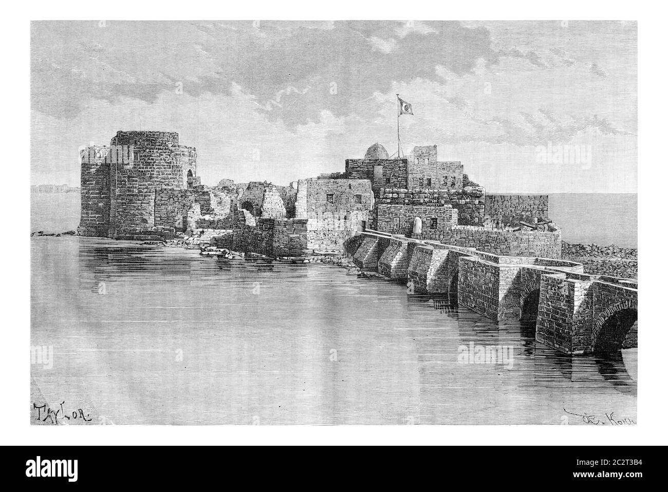 Pont reliant la ville au château de la mer de Sidon à Sidon, Liban, illustration gravée d'époque. Le Tour du monde, Journal de voyage, 1881 Banque D'Images
