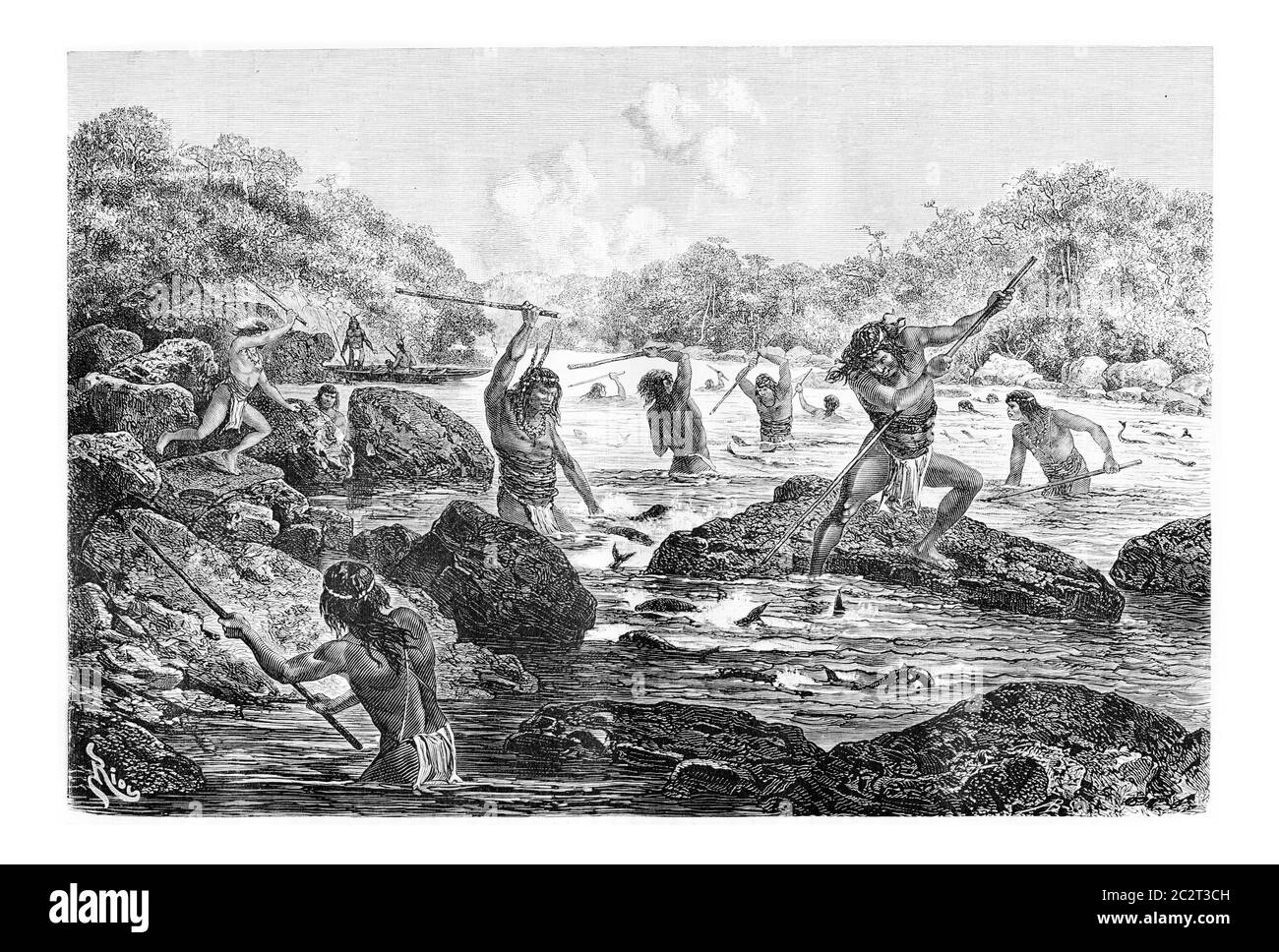 Autochtones en train de saisir les poissons piégés dans les rochers à Oiapoque, Brésil, dessin de Riou d'un croquis de Dr. Crevaux, illustration gravée d'époque. Le Tour d Banque D'Images