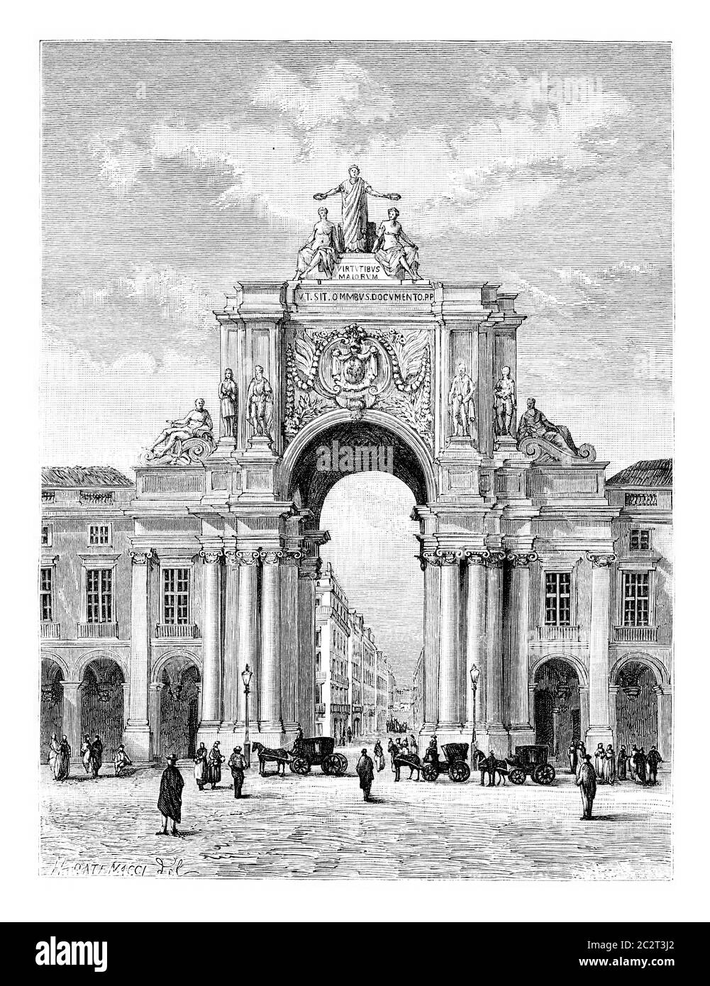 Rua Augusta Triumphal Arch sur la place du Commerce à Lisbonne, Portugal, dessin de Catenacci basé sur une photographie, illustration gravée d'époque. Le Tour Banque D'Images