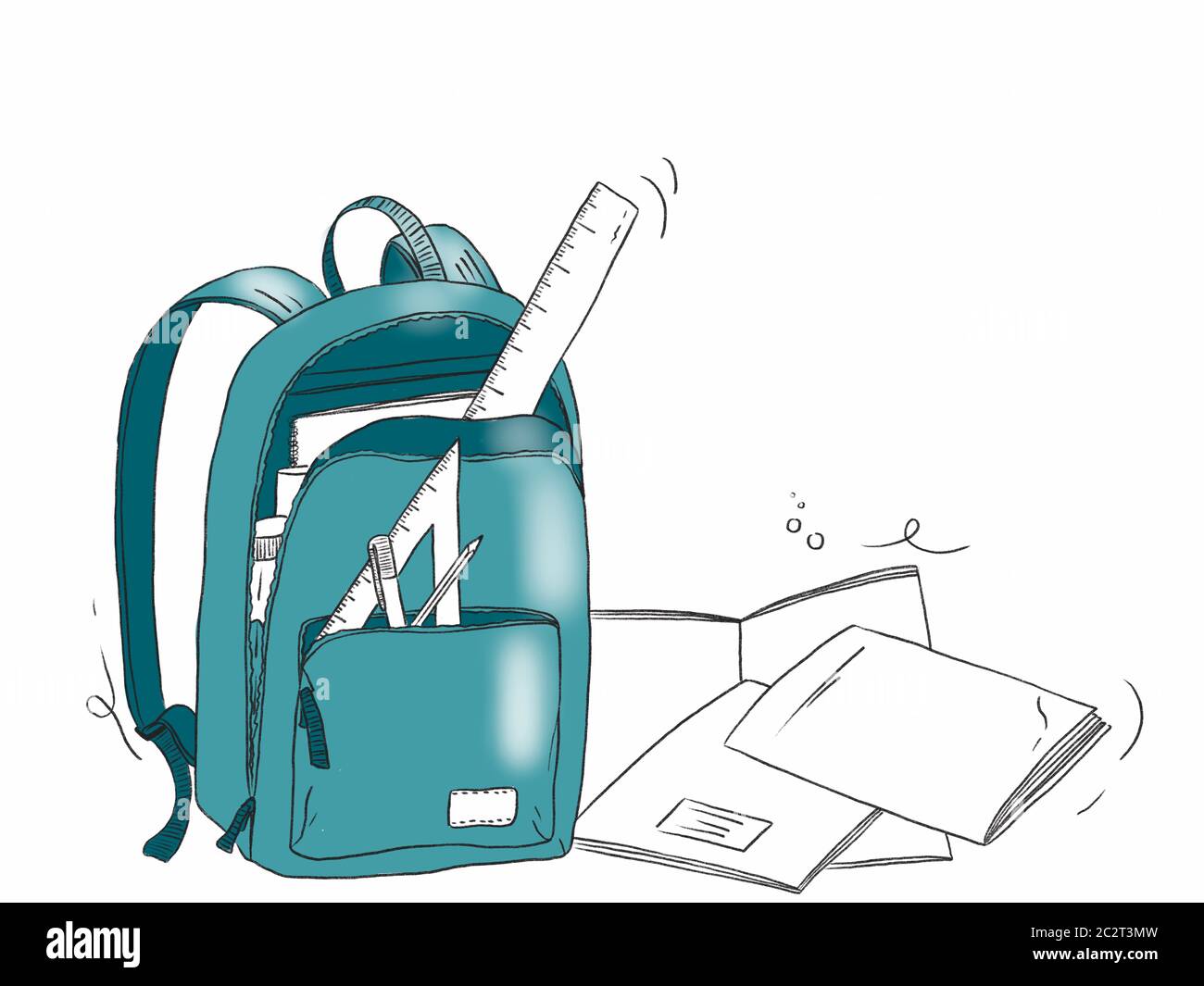 Illustration dessinée à la main d'un sac d'école avec des objets de papeterie - Retour à Shool Banque D'Images