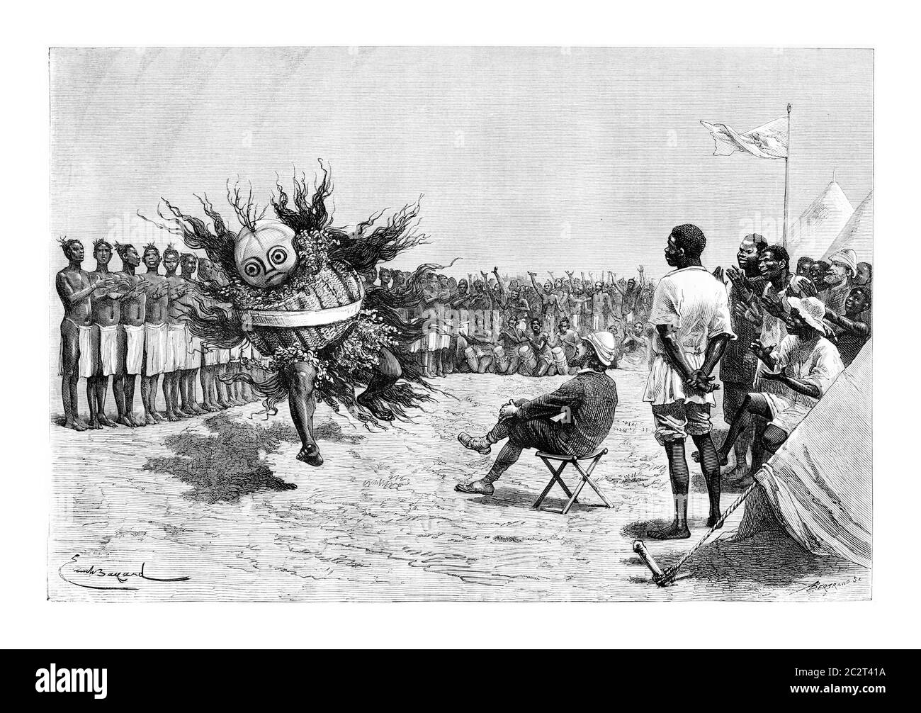 Danseur de Mabanabanabanan du Burundi, en Afrique de l'est, dessin de Bayard basé sur l'édition anglaise, illustration ancienne. Le Tour du monde, Journa Banque D'Images