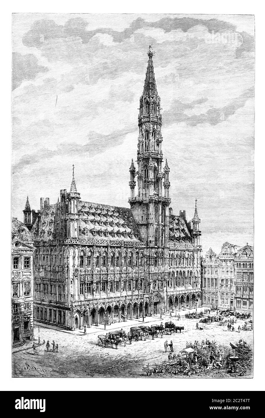 Hôtel de ville de Bruxelles à Bruxelles, Belgique, dessin de Barclay basé sur une photographie de Levy, illustration ancienne. Le Tour du monde, Journal de voyage, 188 Banque D'Images