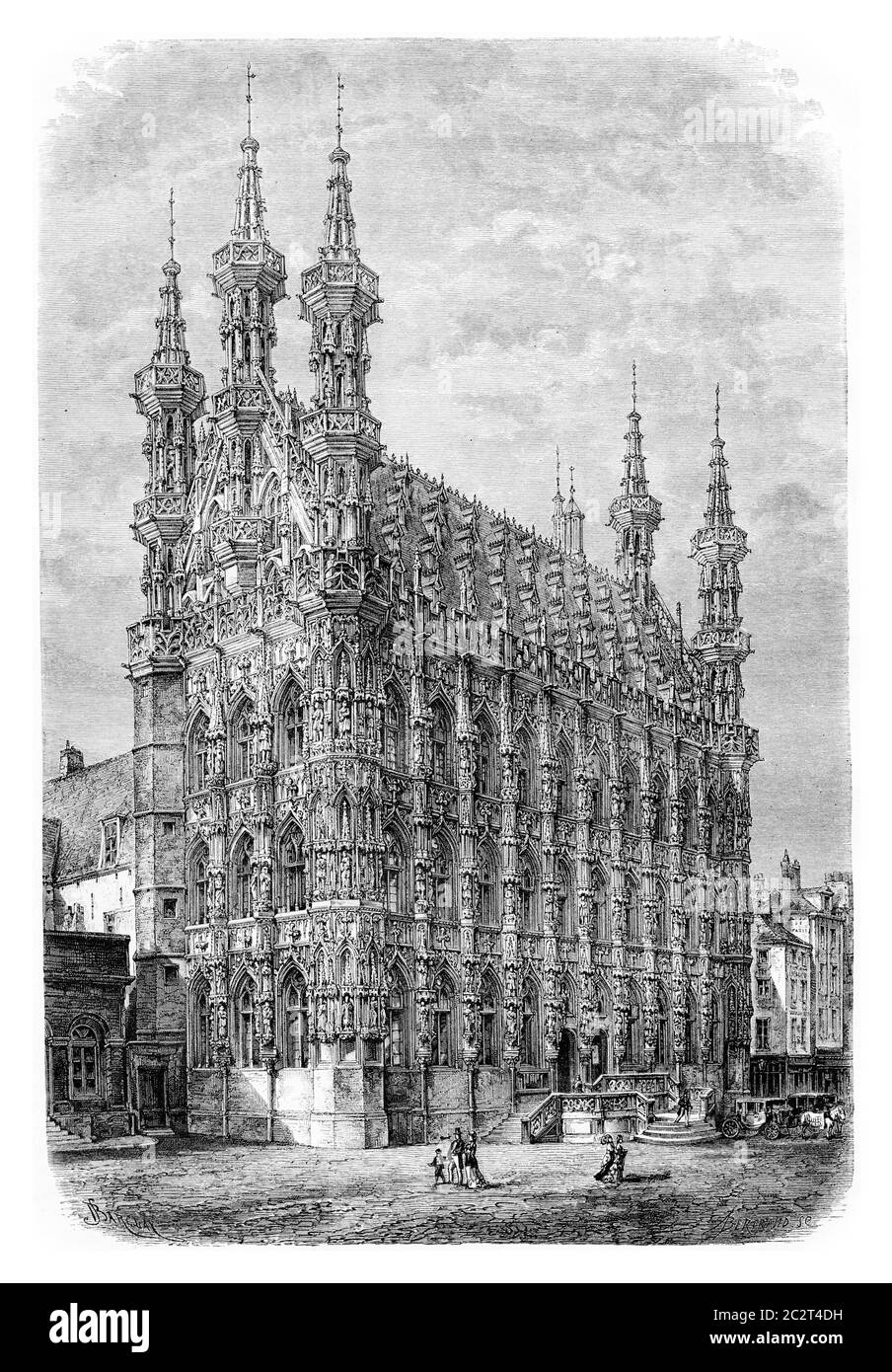 Hôtel de ville de Louvain à Louvain, Belgique, dessin de Barclay basé sur une photographie, illustration ancienne. Le Tour du monde, Journal de voyage, 1881 Banque D'Images