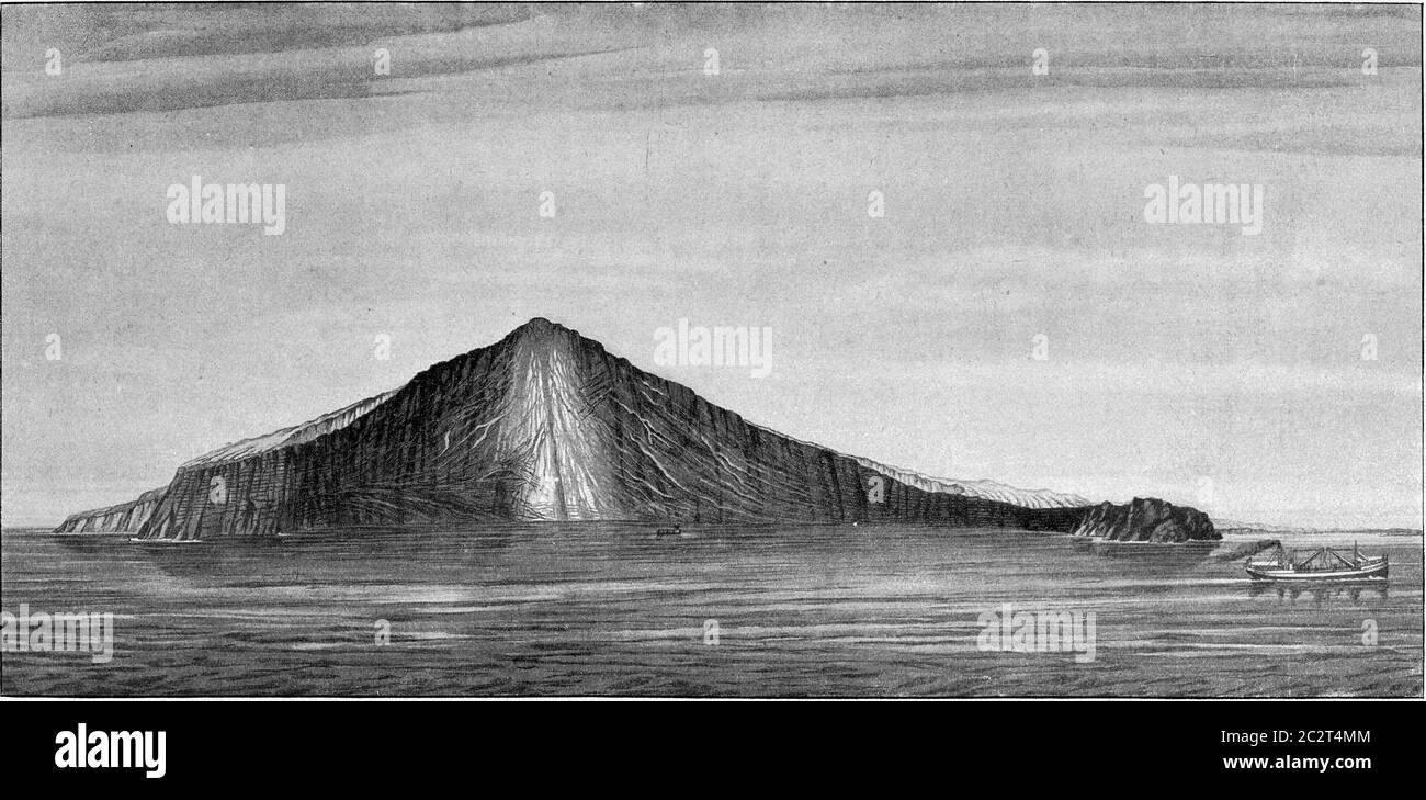 Tranchée produite par l'éruption du volcan Krakatoa 1883 dans le détroit de Sunda, illustration gravée d'époque. De l'Univers et de l'humanité, 1910. Banque D'Images