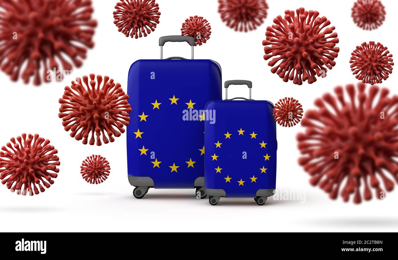 Valises de voyage drapeau européen avec coronavirus. Rendu 3D. Banque D'Images