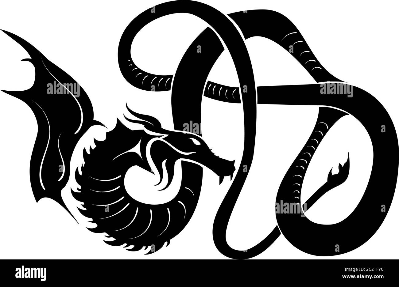 Illustration abstraite décoration silhouette dragon noir. Vecteur mythologique ou indigène tribal japonais chinois asiatique dragon tatouage. Bête magique Illustration de Vecteur