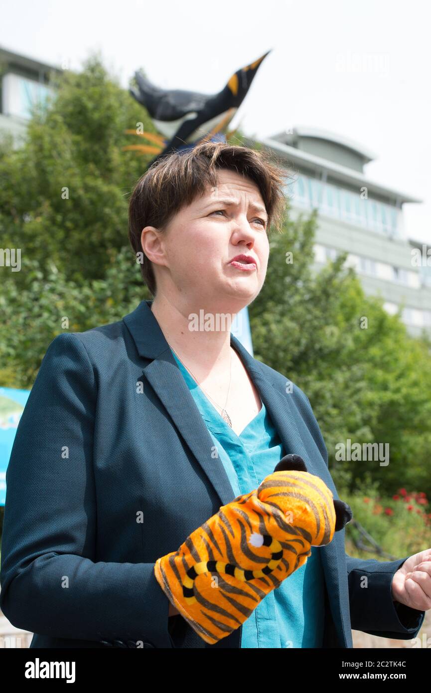 Edimbourg, Ecosse, Royaume-Uni. , . En photo : Ruth Davidson MSP, ancienne chef du conservateur écossais et unioniste Paary, a vu faire campagne sur les marches du zoo avec des affiches et des marionnettes animales pour la réouverture en toute sécurité du zoo d'Édimbourg dans le cadre de la phase 2 de l'assouplissement des restrictions de confinement. Crédit : Colin Fisher/Alay Live News Banque D'Images