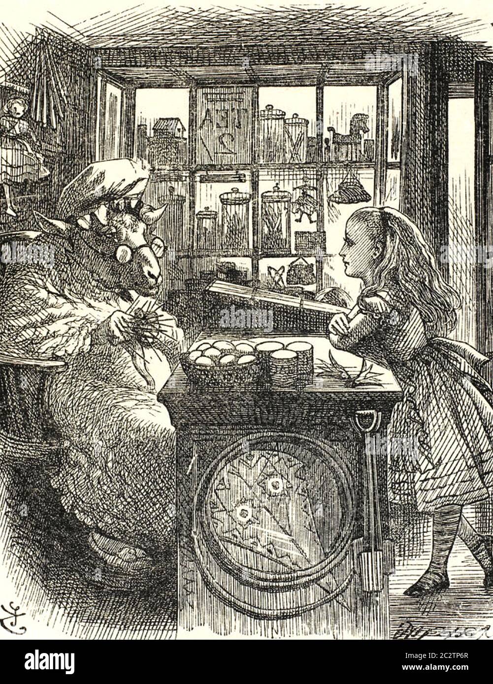 ALICE À TRAVERS LE VERRE 1871 par Lewis Carroll. Alice avec le commerçant de moutons. Banque D'Images