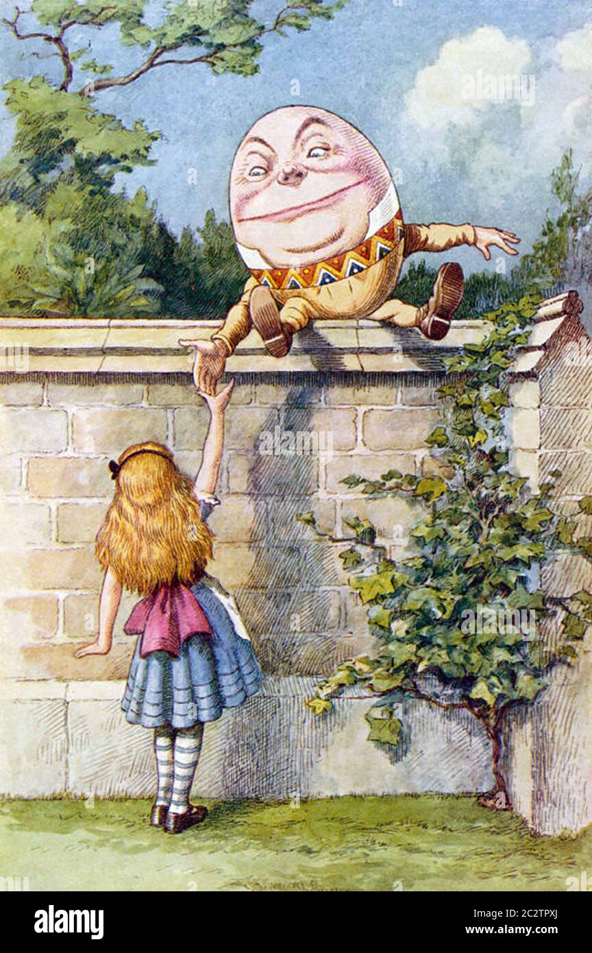 ALICE À TRAVERS LE REGARD VERRE 1871 livre par Lewis Carroll. Alice rencontre Humpty Dumpty Banque D'Images