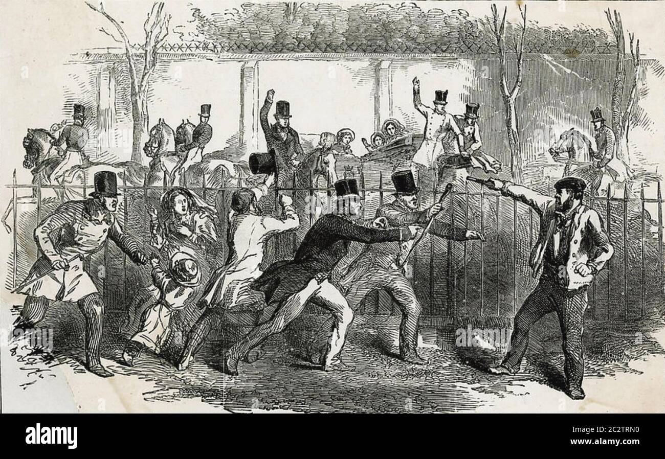 WILLIAM HAMILTON, un Irlandais au chômage, tente d'assassiner la reine Victoria à Constitution Hill, Londres, en 1849. Son pistolet ne contenait que de la poudre, Banque D'Images