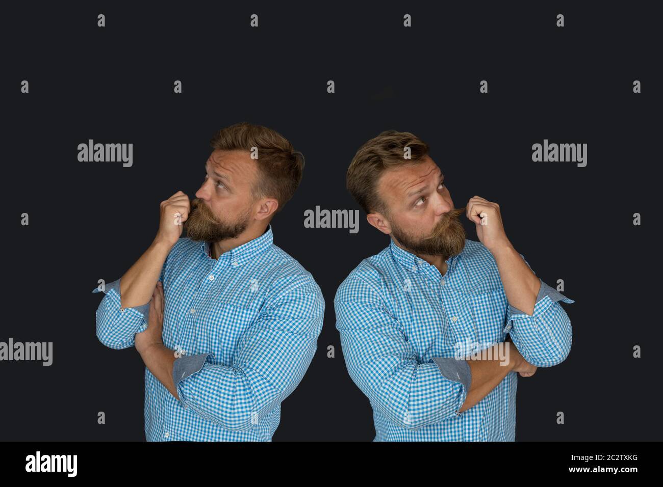 Concept de prise de décision, l'homme barbu caucasien isolé de la pensée dans un effort de prise de décision Banque D'Images