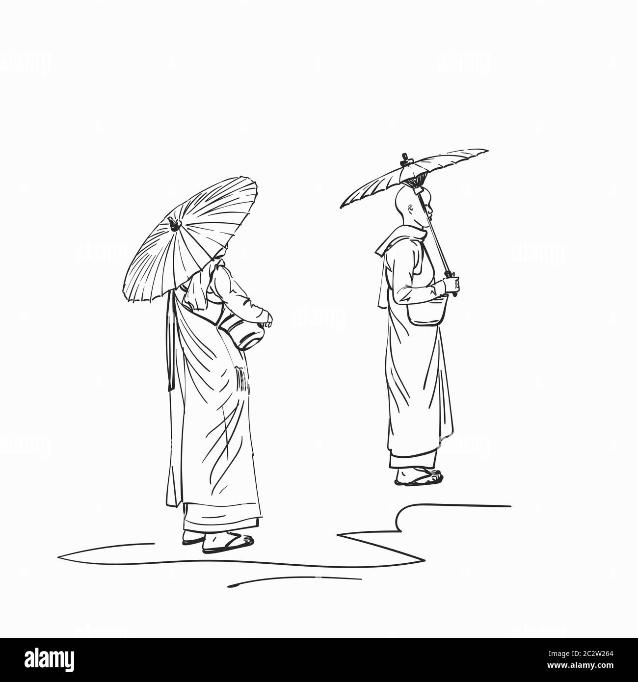 Croquis de nonnes bouddhistes birmanes avec parasols, illustration vectorielle dessinée à la main Illustration de Vecteur