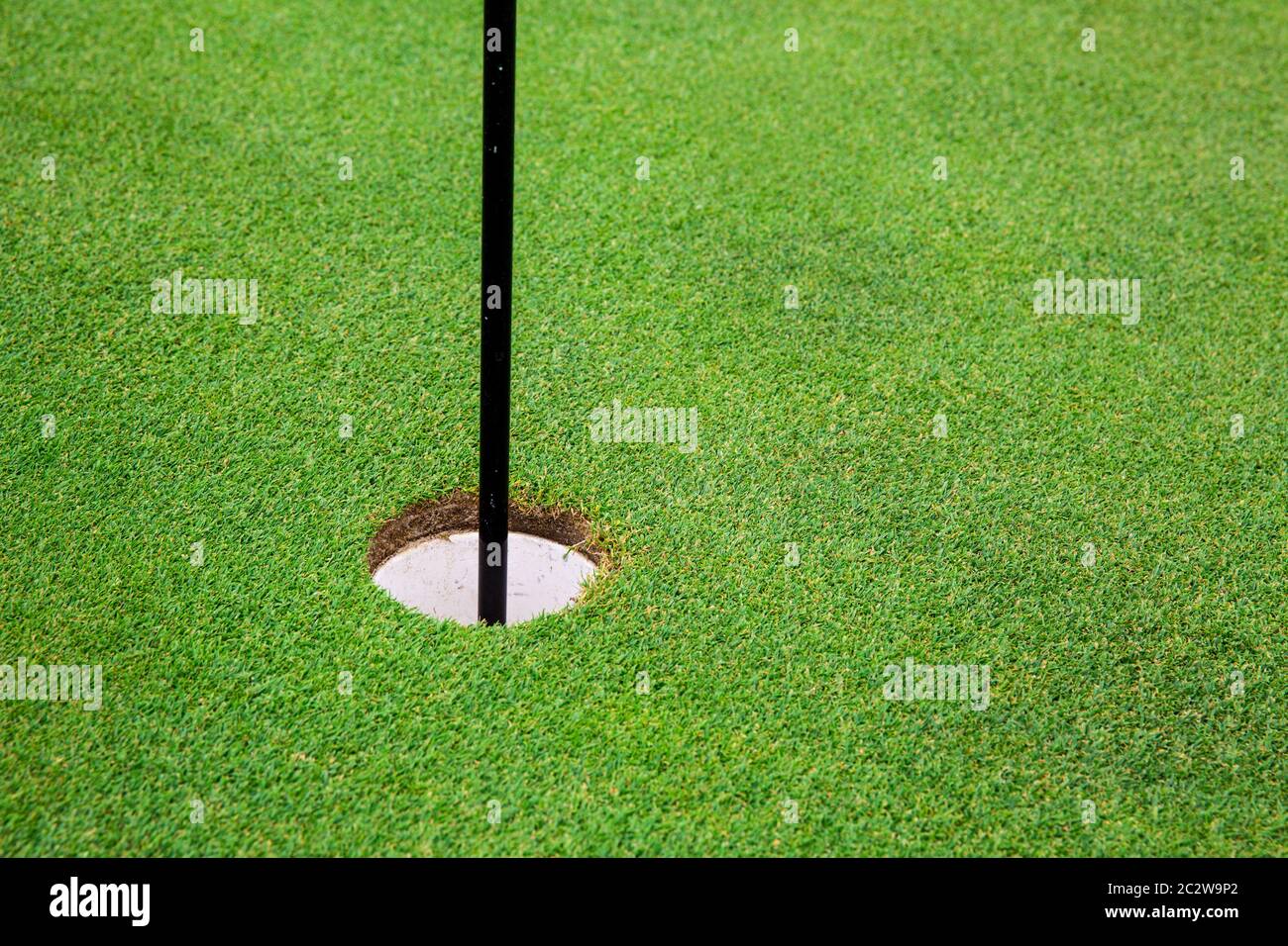 Trou final avec le drapeau sur le green de golf avec de l'herbe coupée, personne. Meadow en club de sport, pelouse, aire de jeu vide Banque D'Images