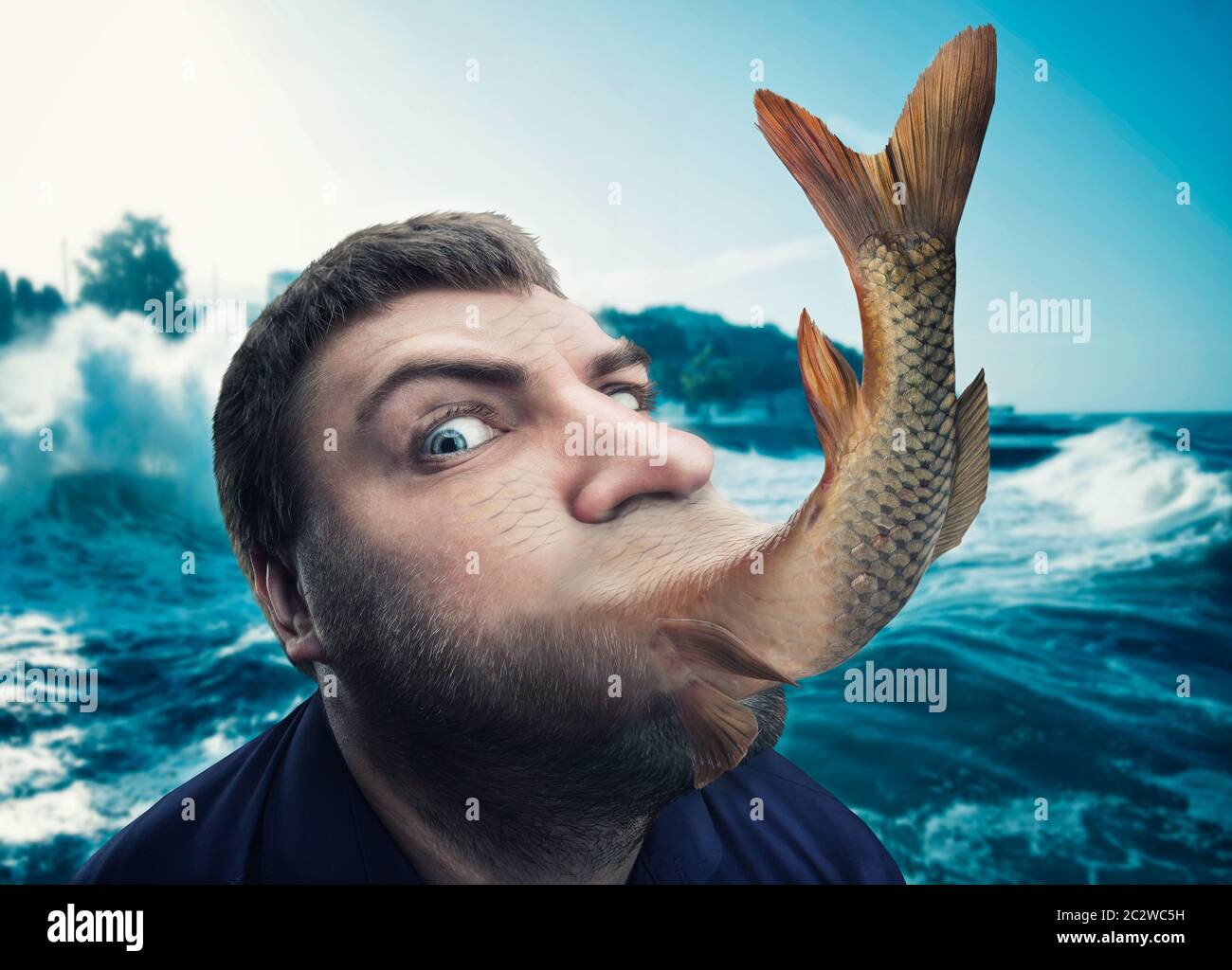 Le visage de l'homme se transforme en queue de poisson Banque D'Images