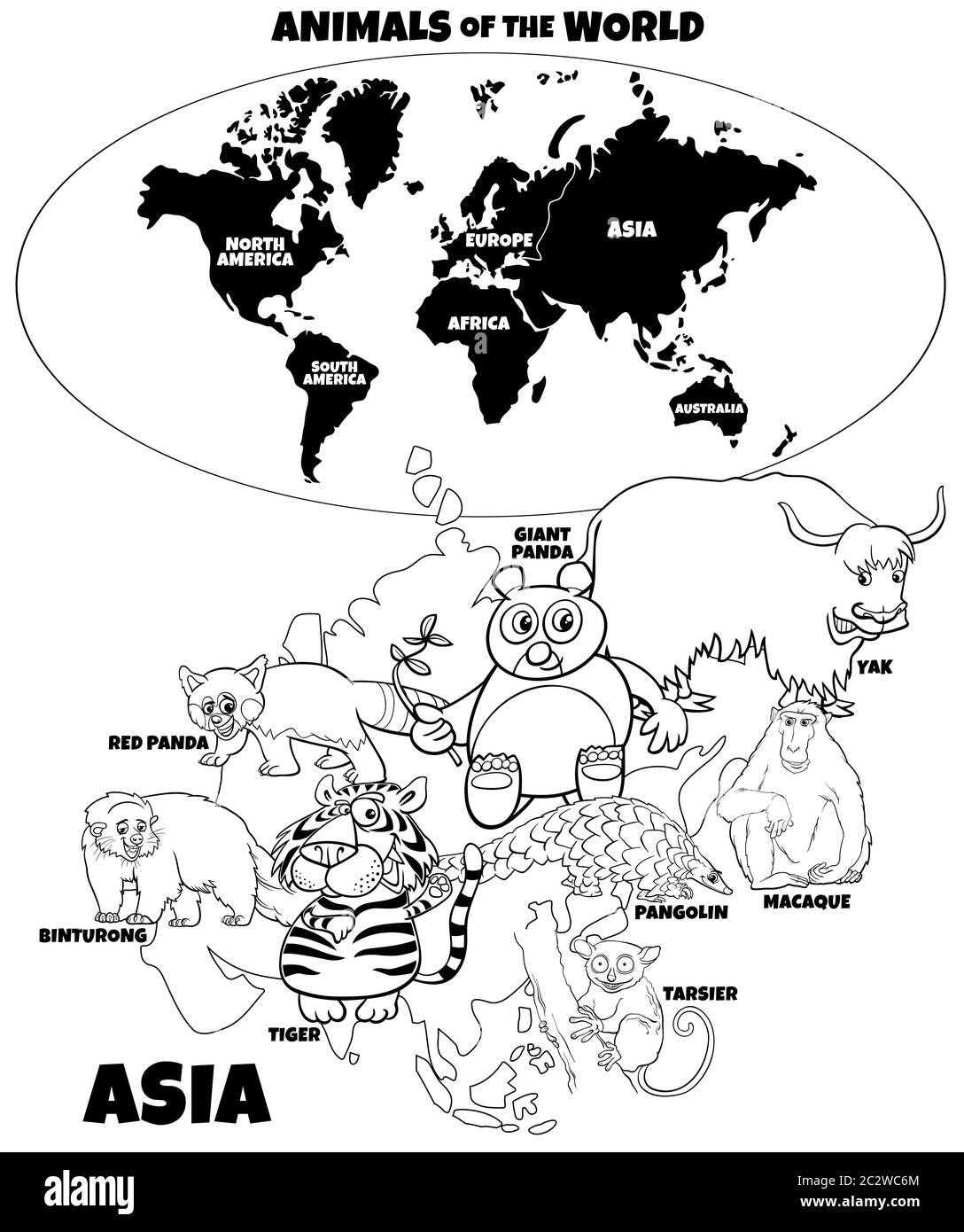 Illustration pédagogique du livre de couleurs des animaux asiatiques Banque D'Images