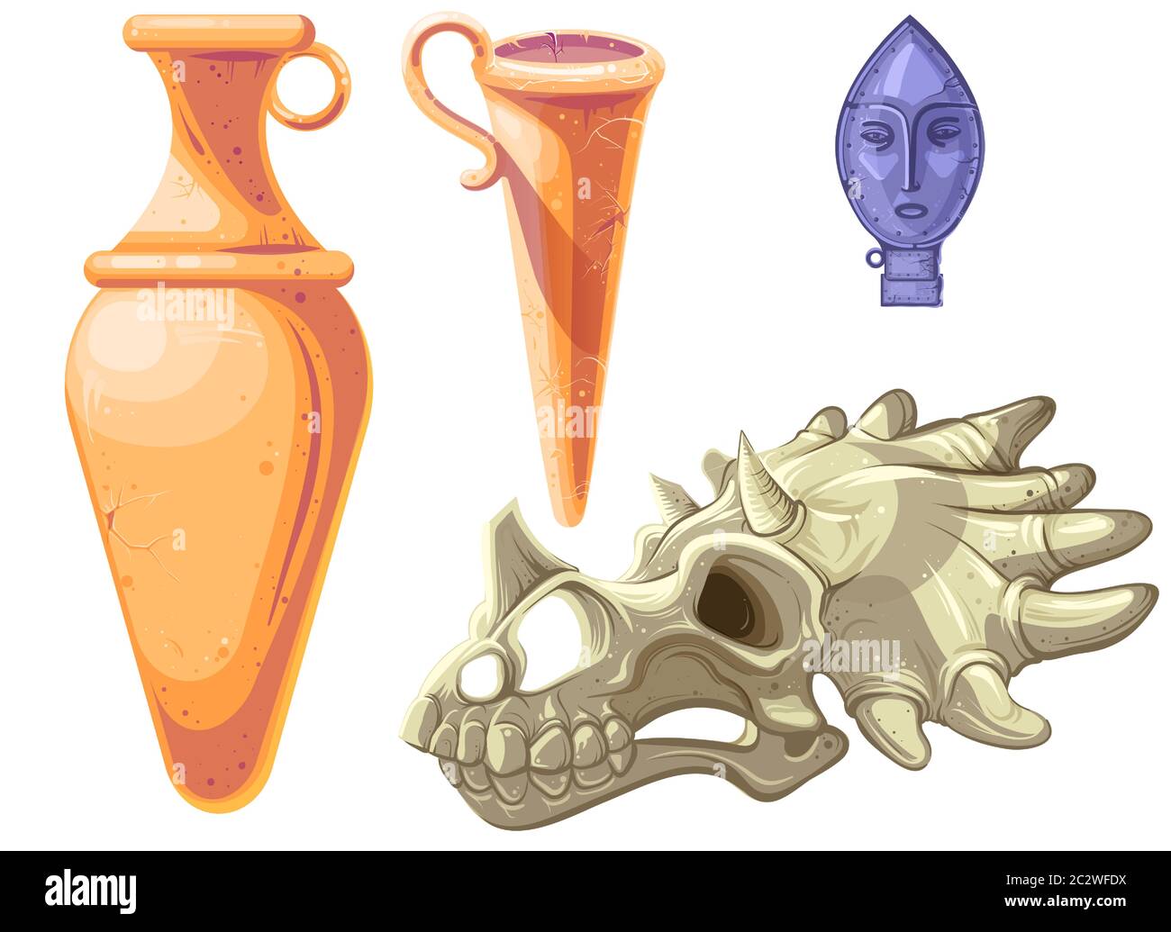 Archéologique et paléontologique trouve l'illustration de vecteur de dessin animé. Vases anciens en céramique ou amphores, squelette de dinosaure fossile, crâne de triceratops A. Illustration de Vecteur