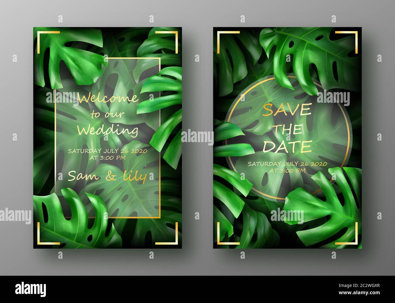 Tropical vert vif Monstera feuilles vecteur. Magnifique design botanique avec une plante tropicale exotique de la jungle et cadre doré. Cérémonie de mariage ou plage p Illustration de Vecteur